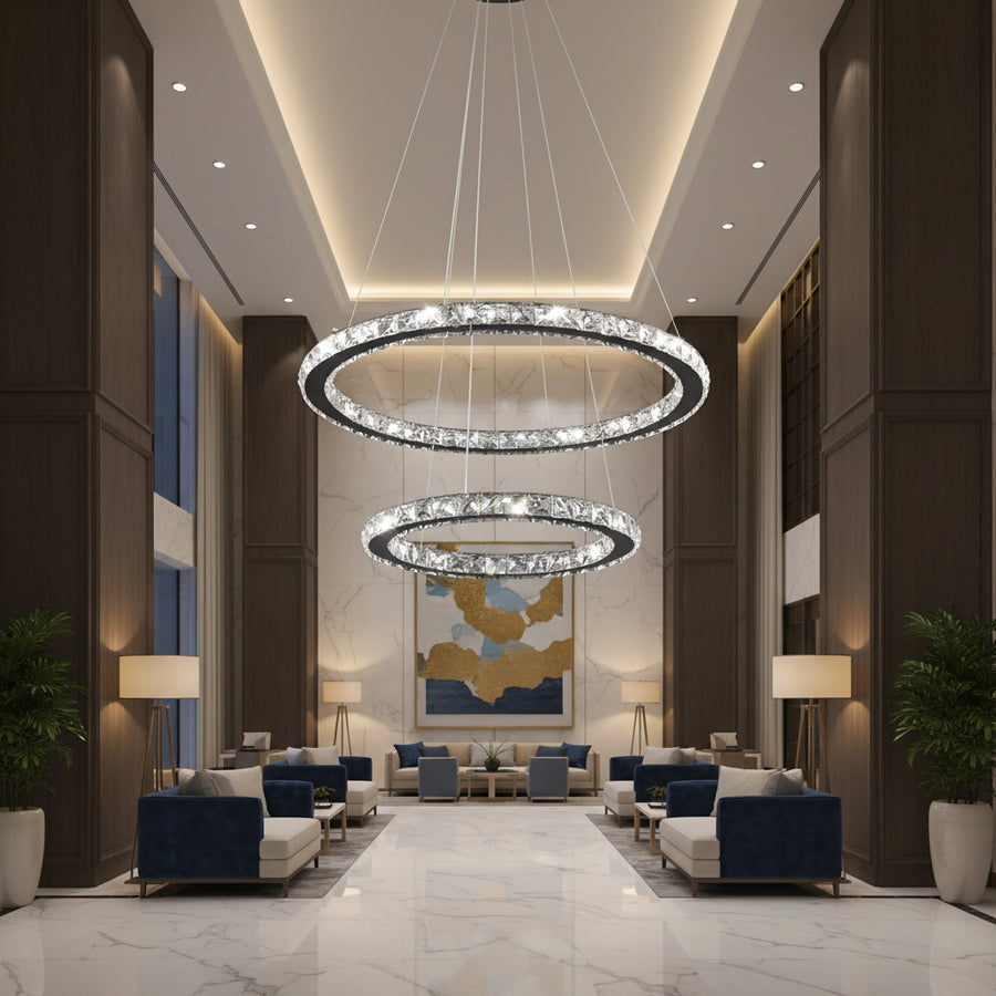 LED Chandelier with remote control and crystal PRISM LUMINIS 58W, 2 Circles, Cold/Warm/Neutral light, Dimmable, Chrome and White, Adjustable Height LED Chandeliers with Remote Control Default Title Alessandro Design