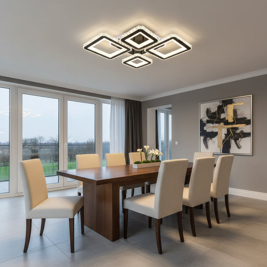 LED chandelier with remote control and crystal QUADRIS RGB 96W, 4 Squares, Cold/Warm/Neutral light, Dimmable, Black