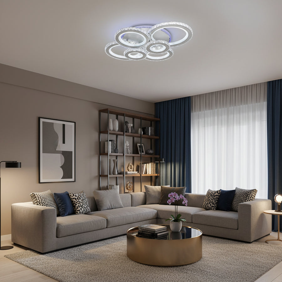 LED chandelier with remote control and crystal NOVA ROTONDA RGB 145W, 6 Circles, Cold/Warm/Neutral light, Dimmable, White Crystal LED Chandeliers Default Title Alessandro Design