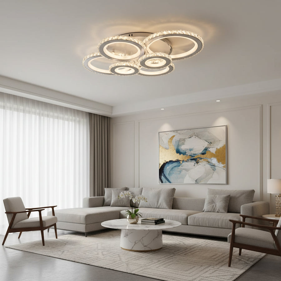 LED chandelier with remote control and crystal NOVA ROTONDA RGB 145W, 6 Circles, Cold/Warm/Neutral light, Dimmable, White Crystal LED Chandeliers Default Title Alessandro Design