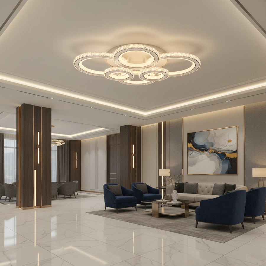 LED chandelier with remote control and crystal NOVA ROTONDA RGB 145W, 6 Circles, Cold/Warm/Neutral light, Dimmable, White Crystal LED Chandeliers Default Title Alessandro Design