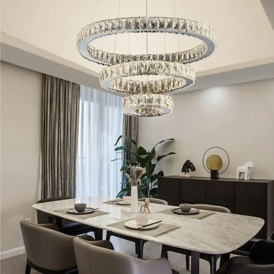Suspended LED chandelier with remote control and crystal TEATRU 36W, 3 Circles, Cold/Warm/Neutral light, Dimmable, Shiny Chrome, Adjustable Height Crystal LED Chandeliers Default Title Alessandro Design