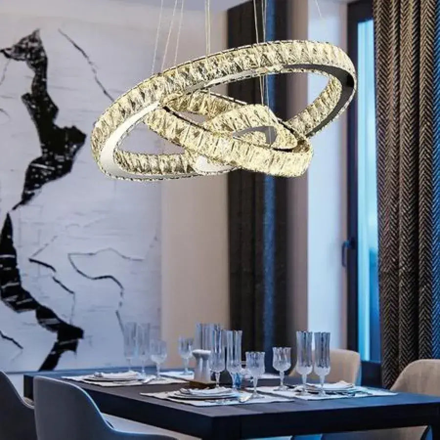 Suspended LED chandelier with remote control and crystal TEATRU 36W, 3 Circles, Cold/Warm/Neutral light, Dimmable, Shiny Chrome, Adjustable Height Crystal LED Chandeliers Default Title Alessandro Design