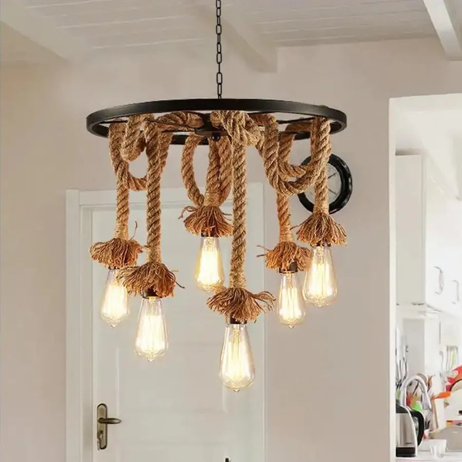 Wheel Chandelier, 6 x E27, Brown, Metal / String Chandelier Vintage Default Title Alessandro Design