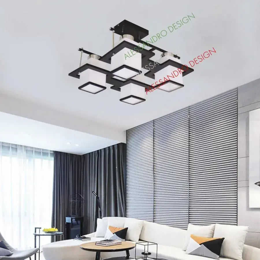 Aramis Classic Chandelier with Wood, Square Shade, 4 X E27 Socket, White / Black Classic Chandeliers Default Title Alessandro Design
