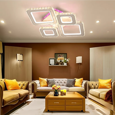 LED chandelier with remote control and crystal TERRANO RGB 162W, 4 Squares, Cold/Warm/Neutral light, Dimmable, Shiny Chrome White