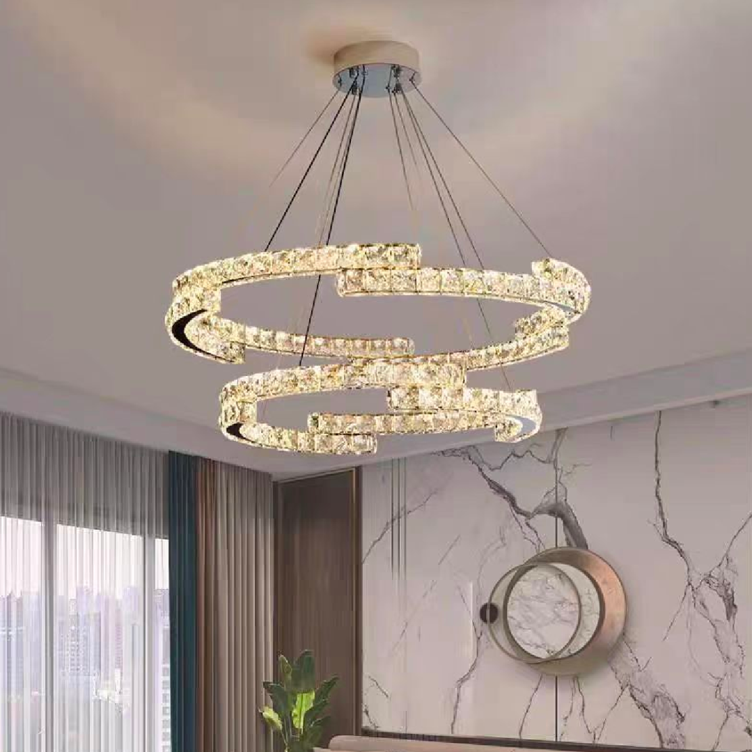 Suspended LED chandelier with remote control and crystal MIA LATIFAH 55W, 2 Circles, Cold/Warm/Neutral light, Dimmable, Shiny Chrome, Adjustable Height LED Chandeliers with Remote Control Default Title Alessandro Design