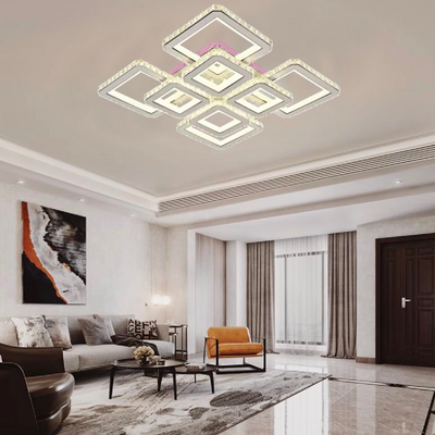 LED chandelier with remote control and crystal LEILA 175W, 8 Squares, Cold/Warm/Neutral light, Dimmable, Glossy Chrome White