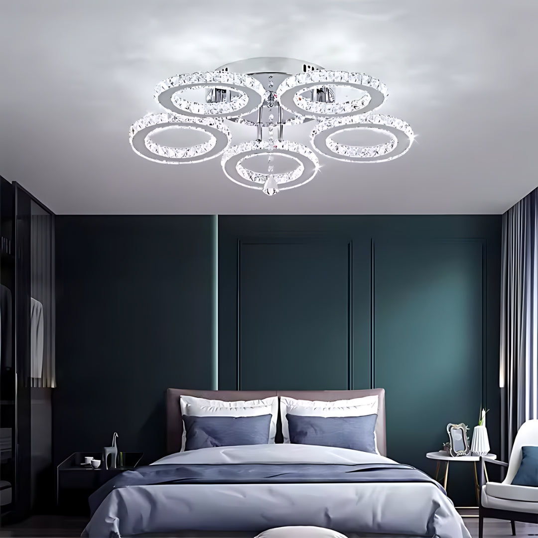 LED chandelier with remote control and crystal ALANUBIS 80W, 5 Circles, Cold/Warm/Neutral light, Dimmable, Shiny Chrome Crystal LED Chandeliers Default Title Alessandro Design