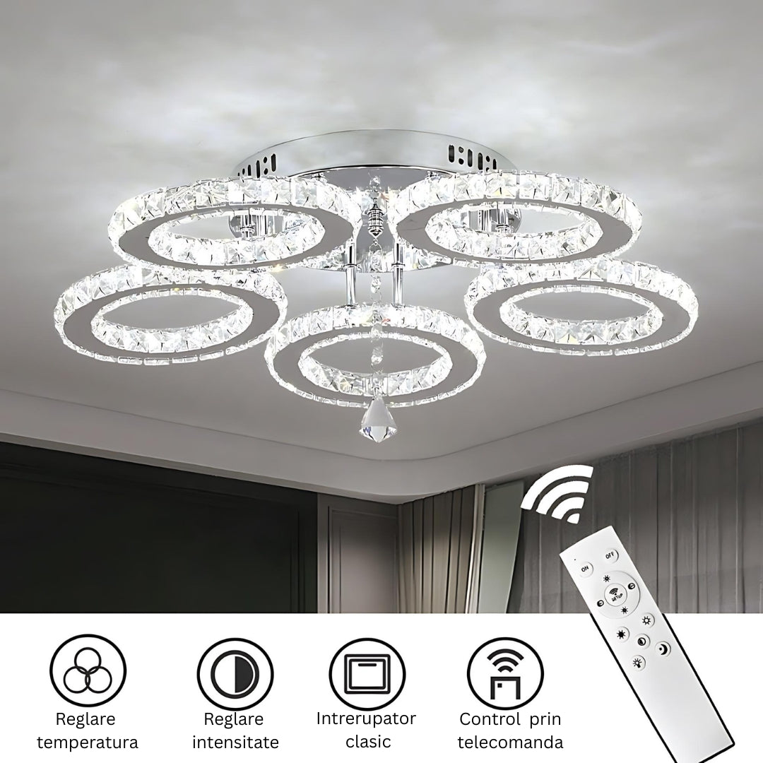 LED chandelier with remote control and crystal ALANUBIS 80W, 5 Circles, Cold/Warm/Neutral light, Dimmable, Shiny Chrome Crystal LED Chandeliers Default Title Alessandro Design