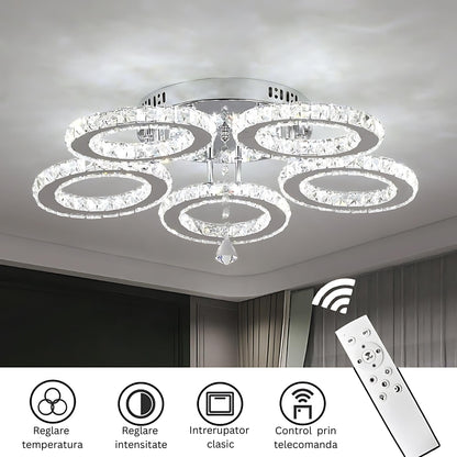 LED chandelier with remote control and crystal ALANUBIS 80W, 5 Circles, Cold/Warm/Neutral light, Dimmable, Shiny Chrome Crystal LED Chandeliers Default Title Alessandro Design