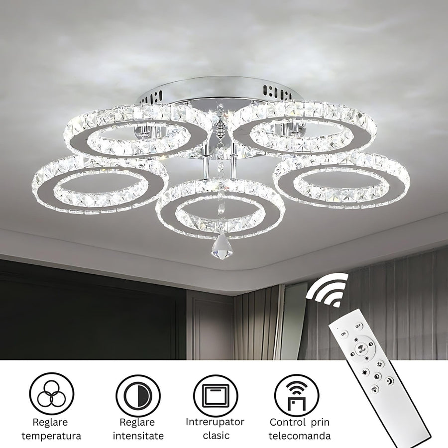 LED chandelier with remote control and crystal ALANUBIS 80W, 5 Circles, Cold/Warm/Neutral light, Dimmable, Shiny Chrome Crystal LED Chandeliers Default Title Alessandro Design