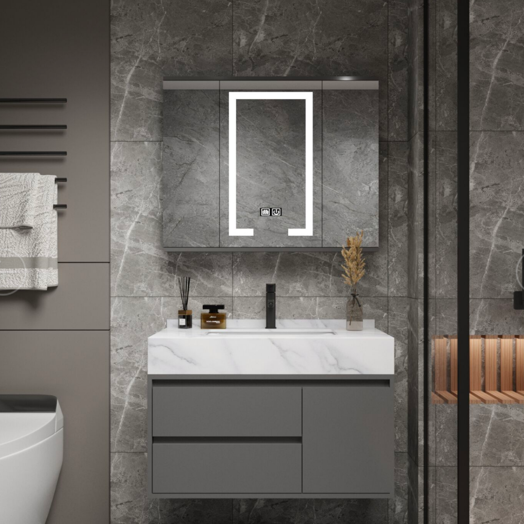 SANTORINI Bathroom Furniture Set, Sink Cabinet + Mirror Cabinet 80cm, 2 Pieces, Gray and White Bathroom Furniture Default Title Alessandro Design