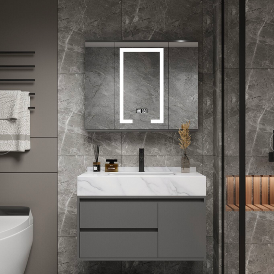 SANTORINI Bathroom Furniture Set, Sink Cabinet + Mirror Cabinet 80cm, 2 Pieces, Gray and White Bathroom Furniture Default Title Alessandro Design