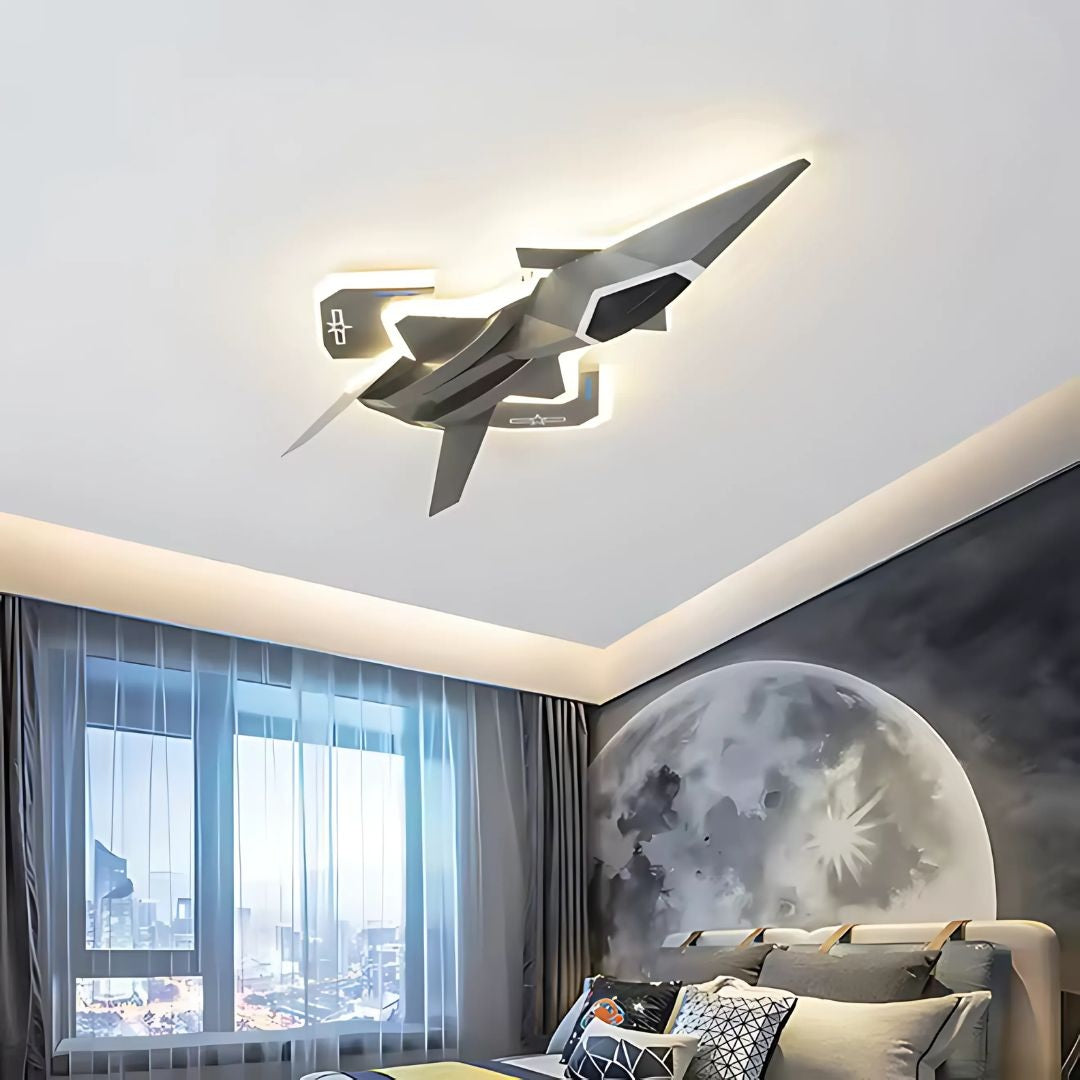 Lustra LED pentru copii FIGHTER, Tip avion, 101W, Lumina Rece/Calda/Neutra, Aripi mobile, Gri Aeronautic Lustre Copii Default Title Alessandro Design