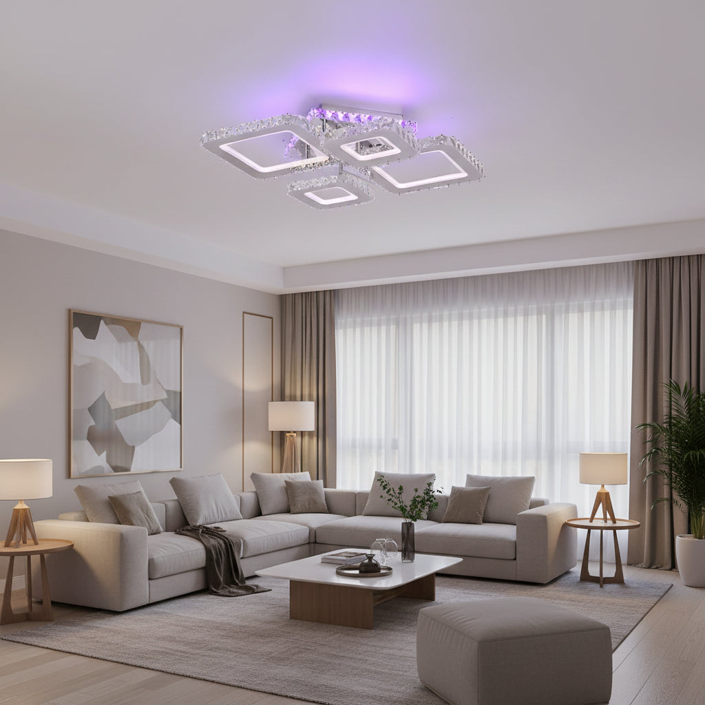 LED chandelier with remote control and crystal NOVA RHOMBA RGB 95W, 4 Squares, Cold/Warm/Neutral light, Dimmable, Shiny Chrome LED Chandeliers & Crystals Default Title Alessandro Design
