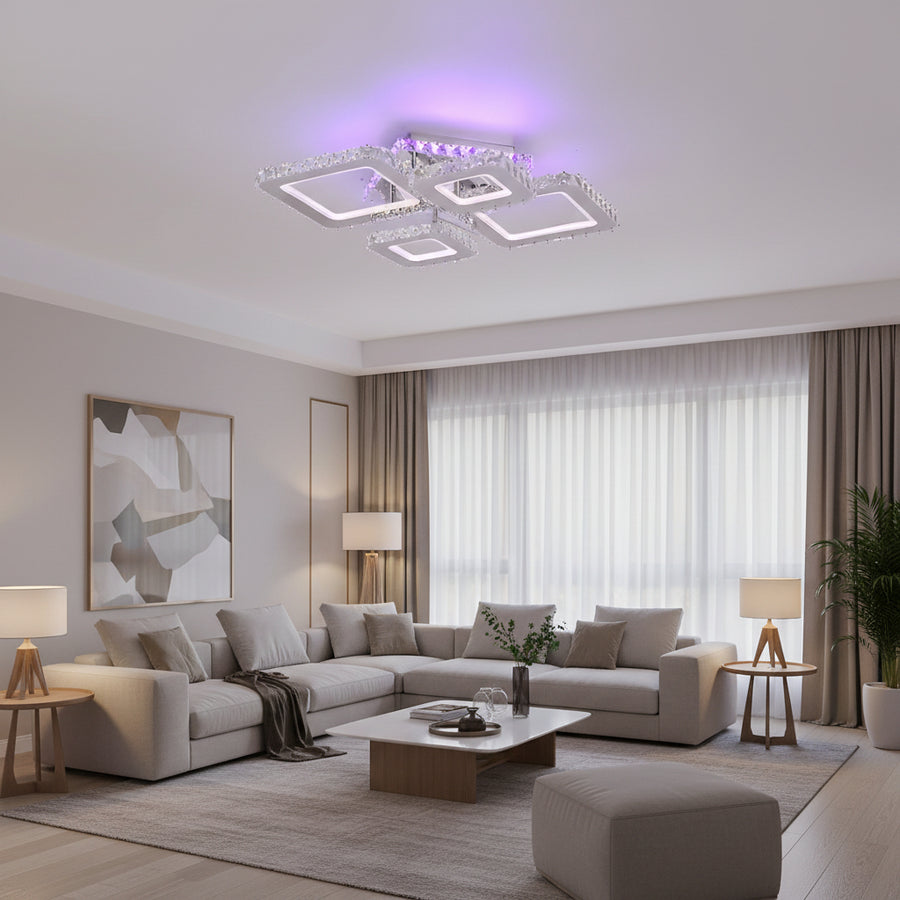 LED chandelier with remote control and crystal NOVA RHOMBA RGB 95W, 4 Squares, Cold/Warm/Neutral light, Dimmable, Shiny Chrome LED Chandeliers & Crystals Default Title Alessandro Design