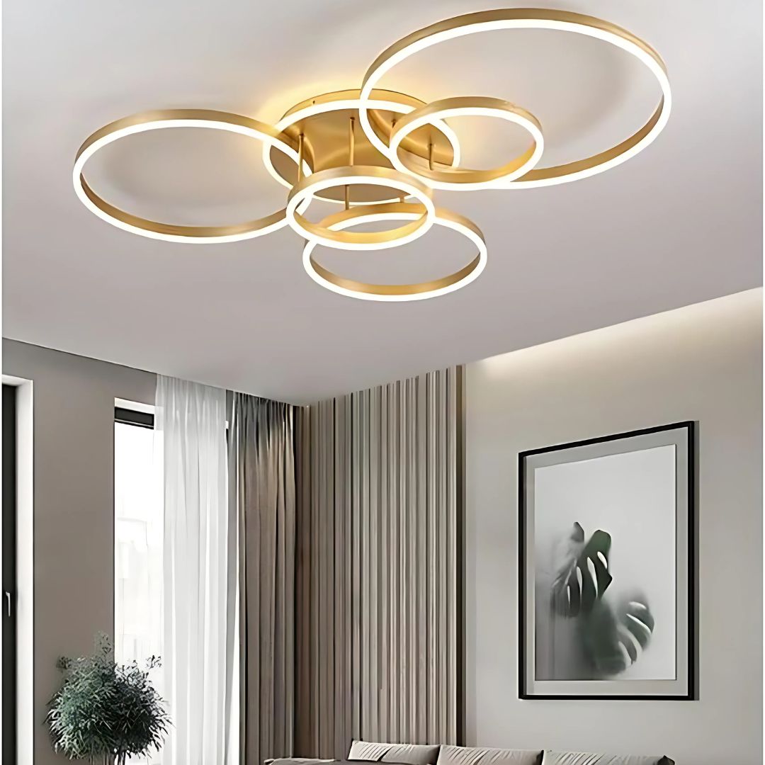 Lustra LED cu Telecomnda RINOVA, 5 cercuri, 137W, Lumina Calda/Rece/Neutra, Dimabila, Auriu Lustre LED cu Telecomanda Default Title Alessandro Design