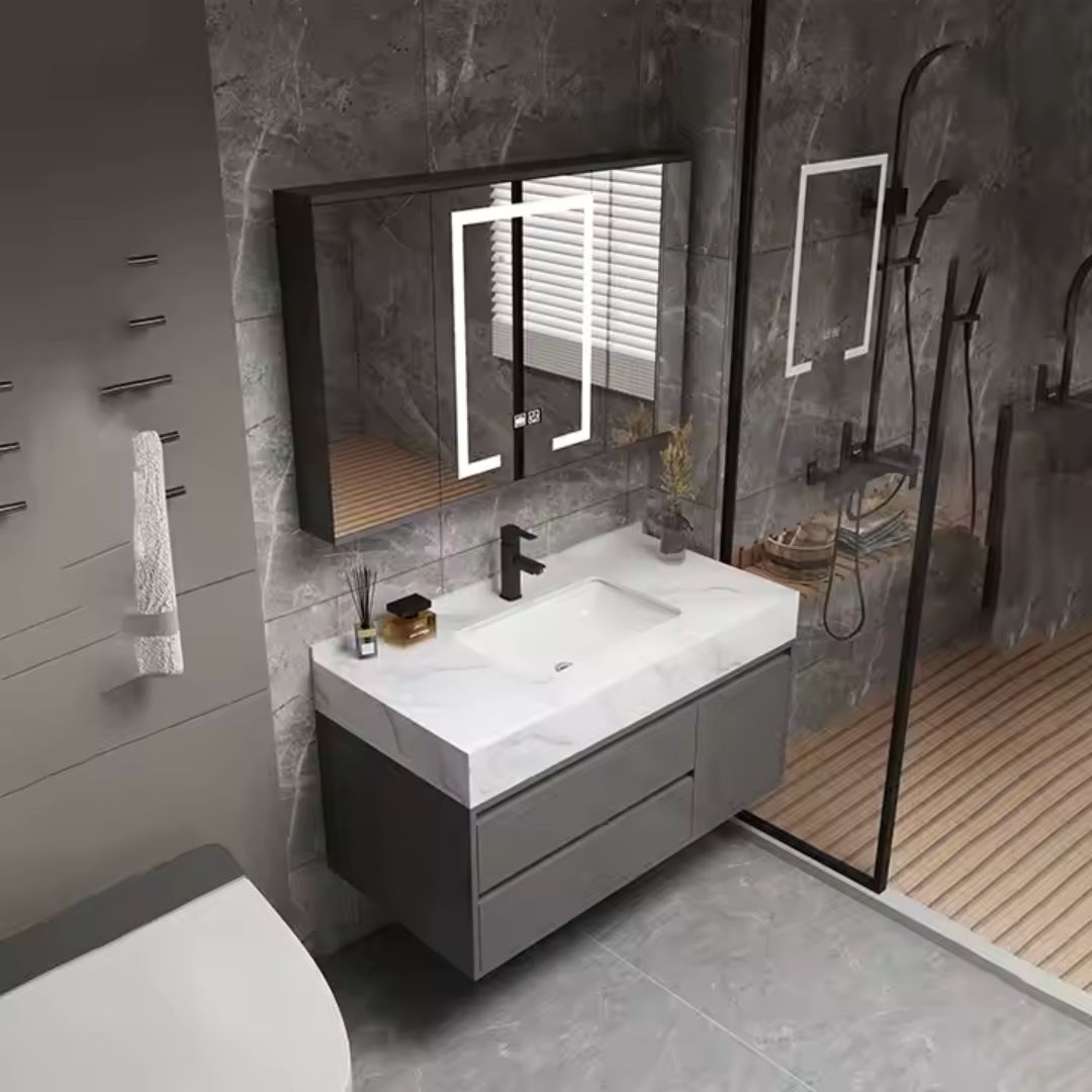 SANTORINI Bathroom Furniture Set, Sink Cabinet + Mirror Cabinet 80cm, 2 Pieces, Gray and White Bathroom Furniture Default Title Alessandro Design