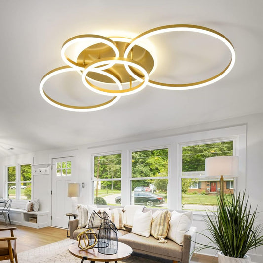 Lustra LED cu Telecomanda RINOVA, 4 cercuri, 112W, Lumina Calda/Rece/Neutra, Dimabila, Auriu Lustre LED cu Telecomanda Default Title Alessandro Design