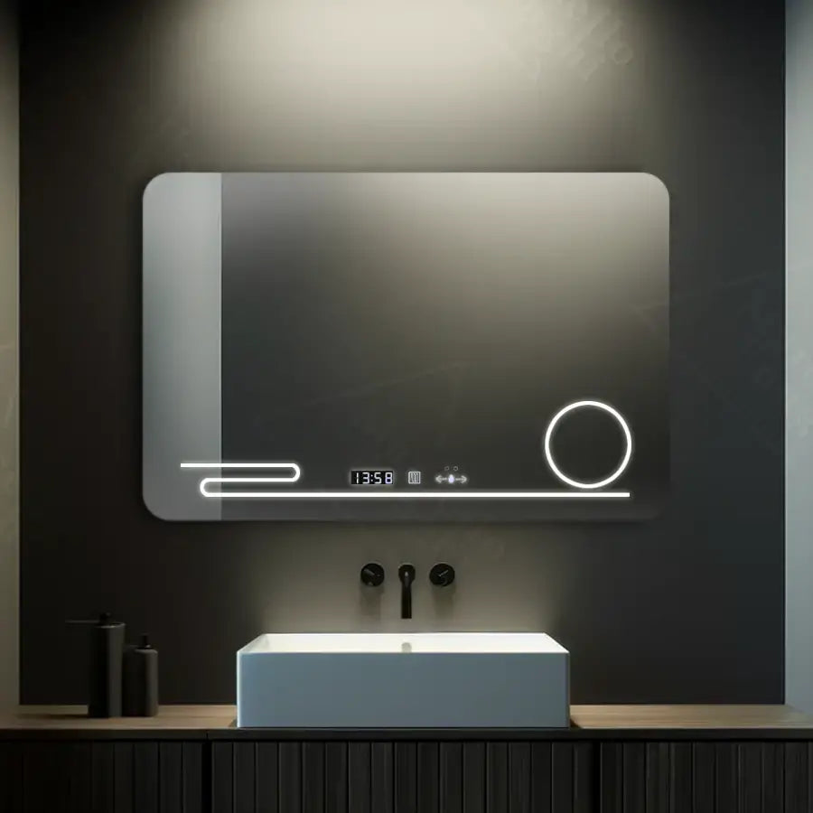 Rectangular LED Mirror, 100x60cm, Harmonie MotionGlow Marcello, De-fogging System, Clock & Thermometer, Cosmetic Magnifier, Dimable Marcello Mirrors Default Title Alessandro Design