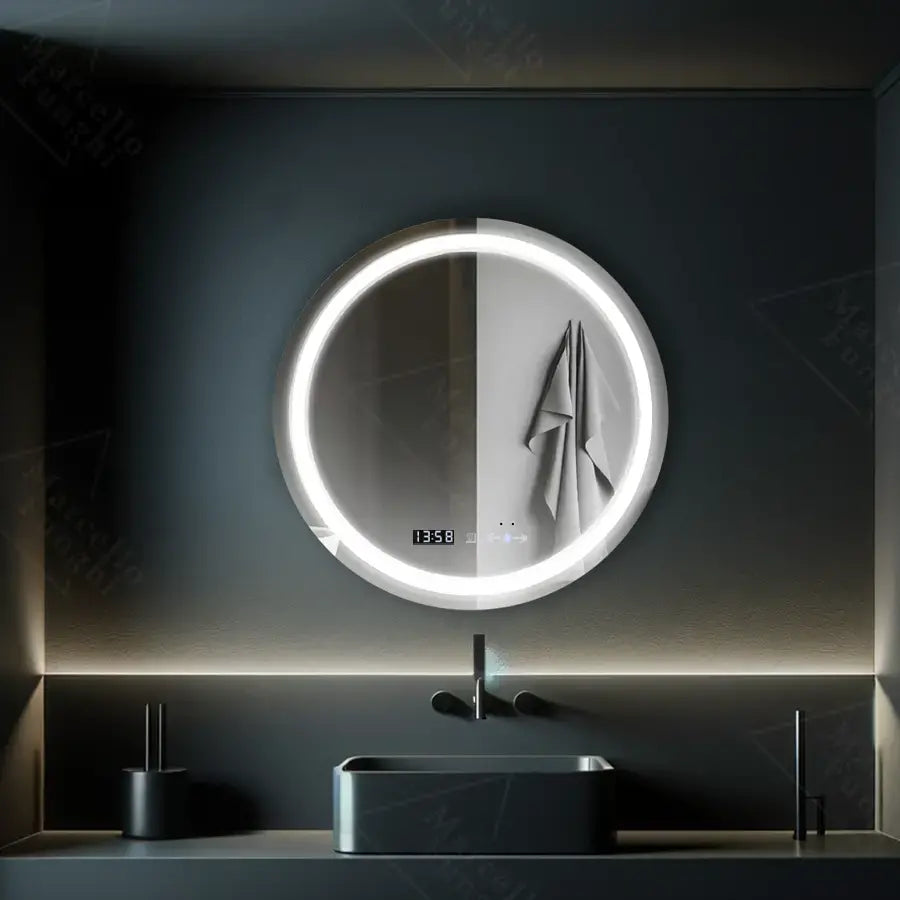 Round LED Mirror, 70cm, Celeste MotionGlow Marcello, Demister System, Clock & Thermometer, Dimmable, Warm Neutral Cold Light 3000K/4000K/6000K Marcello Mirrors Default Title Alessandro Design