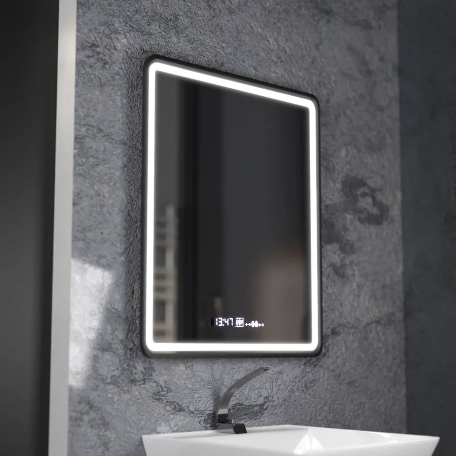 Rectangular LED mirror, 75x90cm, Favola MotionGlow Marcello, Demister System, Clock & Thermometer, Dimable