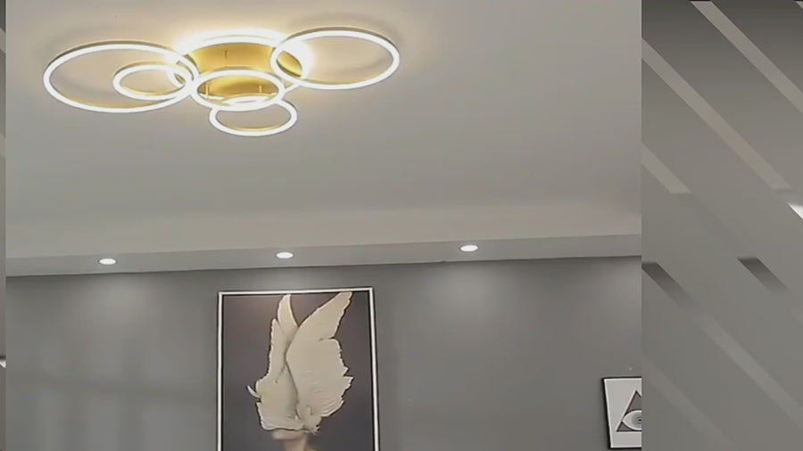 LED Chandelier with RINNOVA Remote Control, 5 circles, 137W, Warm/Cold/Neutral Light, Dimmable, Gold