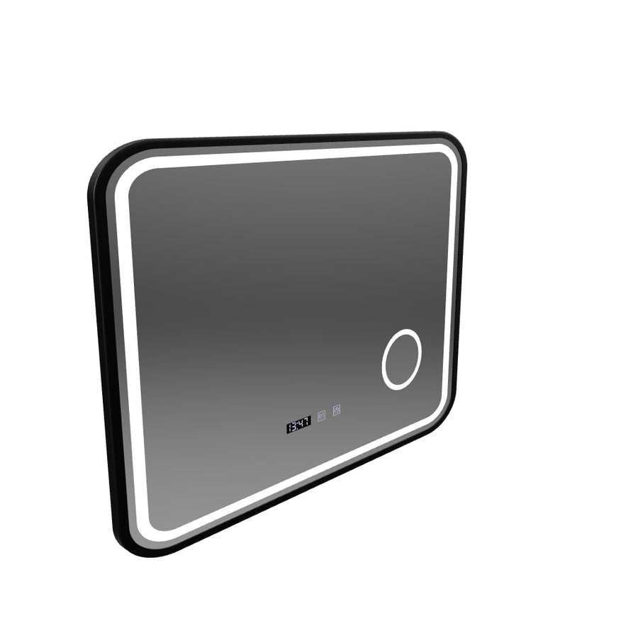 Bernd LED Touch Mirror De-fogging System, Clock and Temperature 80x60 cm Brushed Black Frame Cosmetic Magnifier