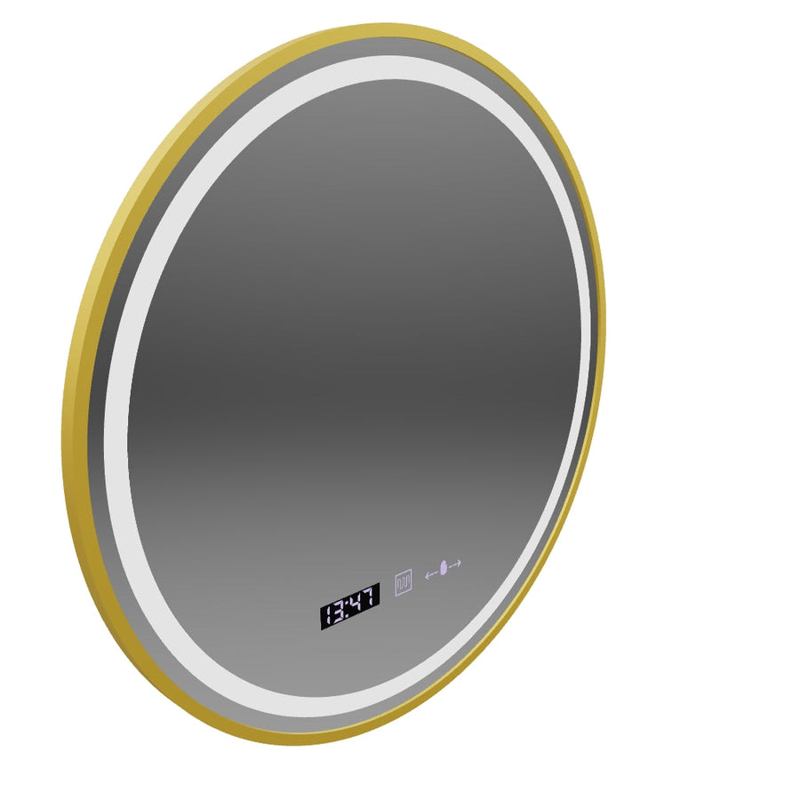 LED Round Mirror, 70cm, Celeste Royale Gold MotionGlow Marcello, Demister System, Clock & Thermometer, Dimmable