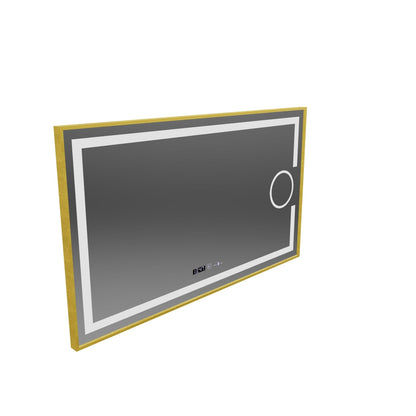 Rectangular LED mirror, 110x65cm, Eclat MotionGlow Marcello, Demister System, Clock & Thermometer, Cosmetic Magnifier, Dimable, Brushed Gold Frame