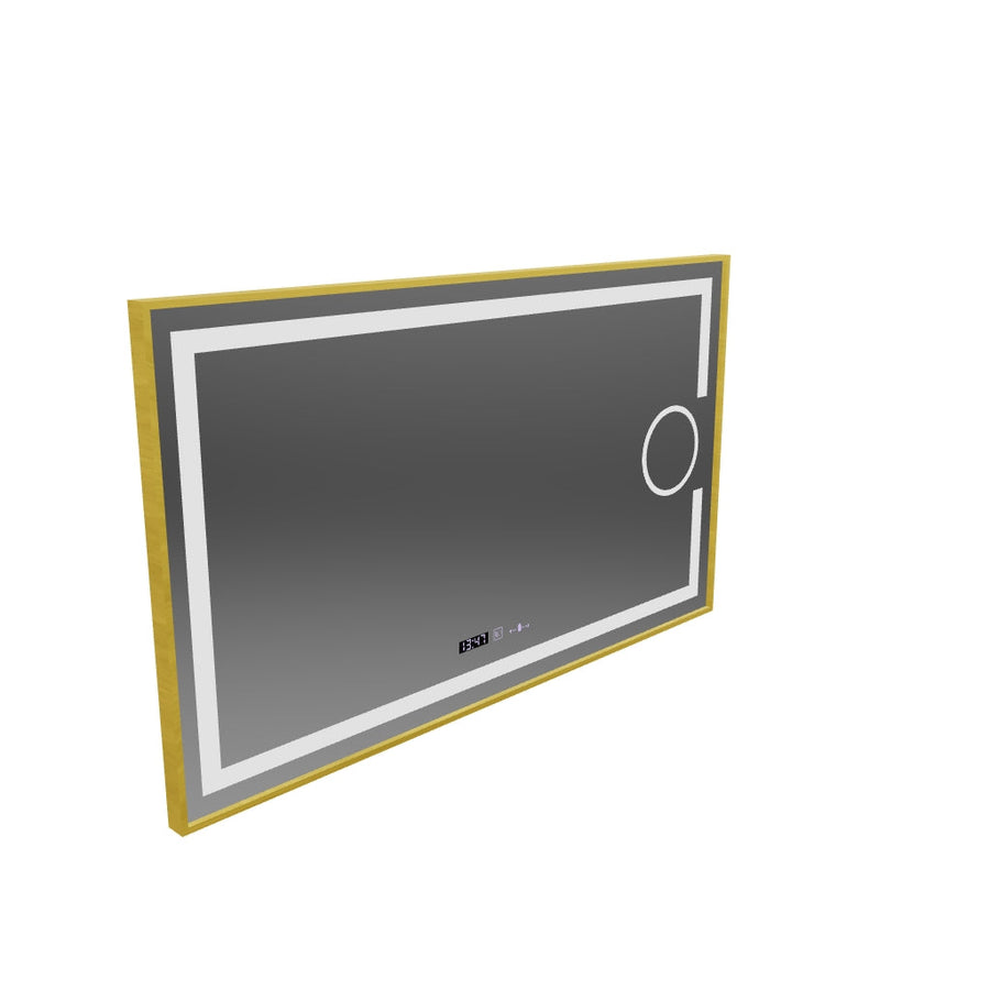 Rectangular LED mirror, 110x65cm, Eclat MotionGlow Marcello, Demister System, Clock & Thermometer, Cosmetic Magnifier, Dimable, Brushed Gold Frame