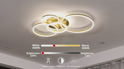 RINOVA LED Chandelier with Remote Control, 4 circles, 112W, Warm/Cold/Neutral Light, Dimmable, Gold
