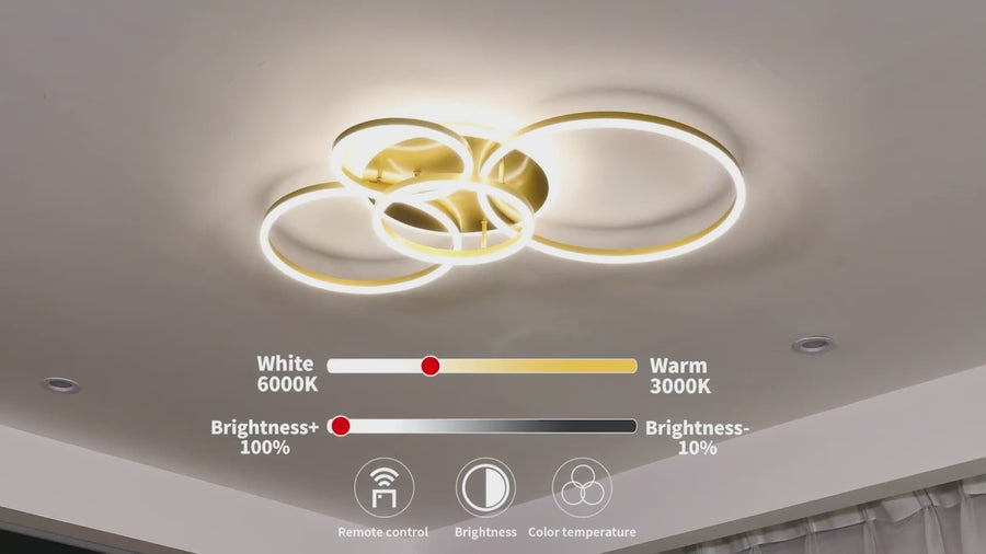 RINOVA LED Chandelier with Remote Control, 4 circles, 112W, Warm/Cold/Neutral Light, Dimmable, Gold